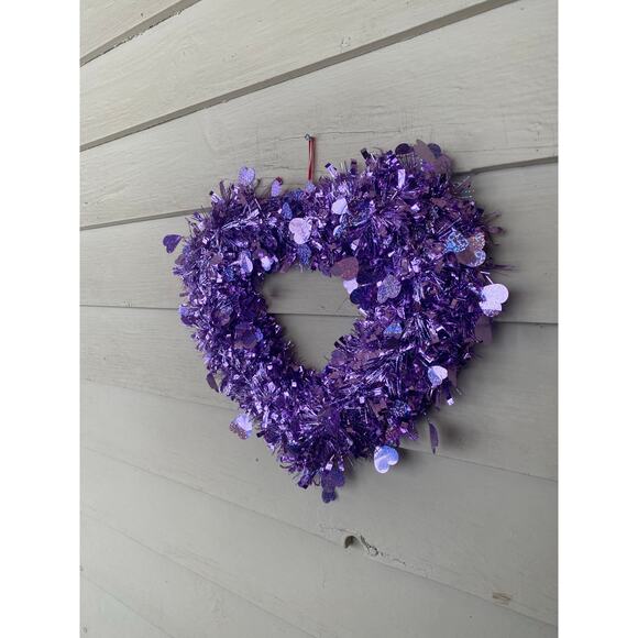 14” Purple Tinsel Heart Valentines Day Wreath Door Hanger Wall Decor - Picture 4 of 6